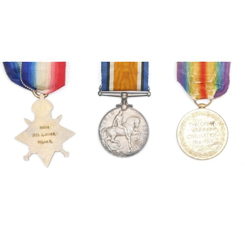 636 - WWI trio of War, Victory and the 1914-1915 Star, Star awarded to PTE. R. Jones. Welsh Regiment and t... 