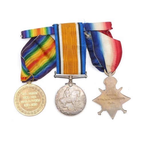 637 - WWI mounted trio of War, Victory and the 1914-1915 Star, awarded to 58921 SPR. W. J. Richards. R.E.