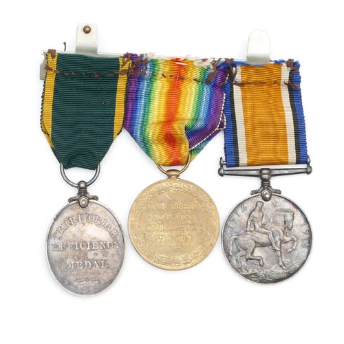 649 - WWI mounted trio of War, Victory and the George V Territorial medals, awarded to T4-211224/742757. C... 