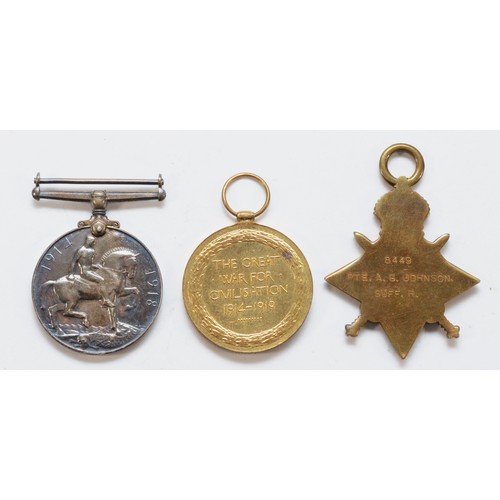 669 - WWI trio of War, Victory and the 1914-1915 Star, awarded to 8449 PTE. A. G. Johnson. Suffolk Regimen... 