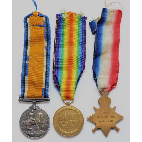 676 - WWI trio of War, Victory and the 1914-1915 Star, awarded to 16690 PTE. C. W. Marsden. North'd Fusili... 