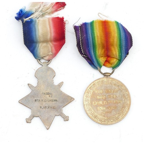 674 - WWI Pair of the 1914-1915 Star and Victory medals, awarded to 15301 PTE. F. Dickens. R. Scottish Fus... 