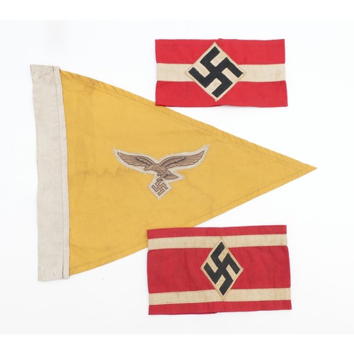 484 - WWII German Third Reich Luftwaffe vehicle staff pendant flag together the NSDAP armband, stamped wit... 