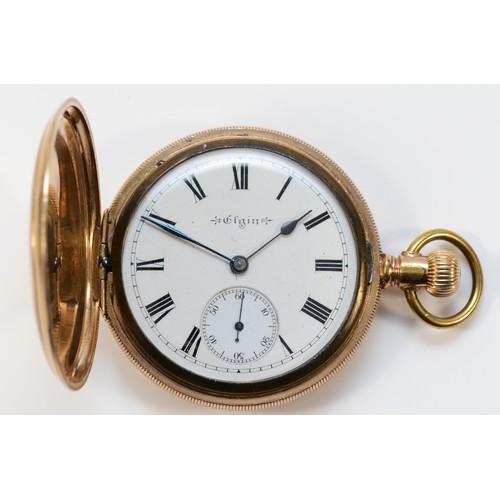 1 - Elgin, a gold plated keyless wind full hunter pocket watch, 7 jewel movement, 50mm, case.
Working wh... 