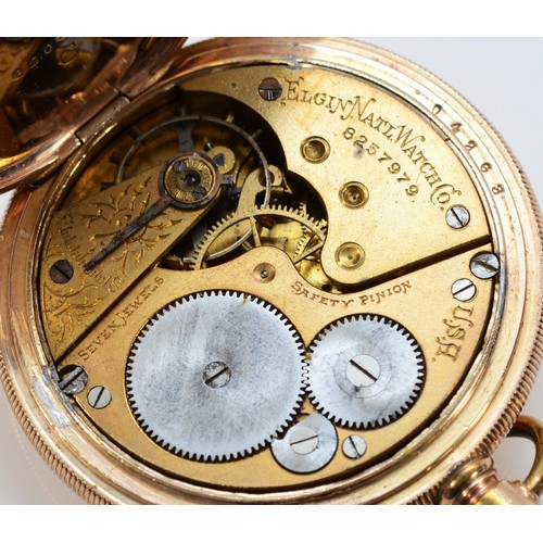 1 - Elgin, a gold plated keyless wind full hunter pocket watch, 7 jewel movement, 50mm, case.
Working wh... 