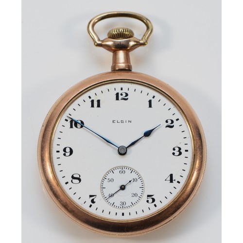 4 - Elgin, a gold plated keyless wind open face pocket watch, heart engraved screw back, 49mm.
Working w... 