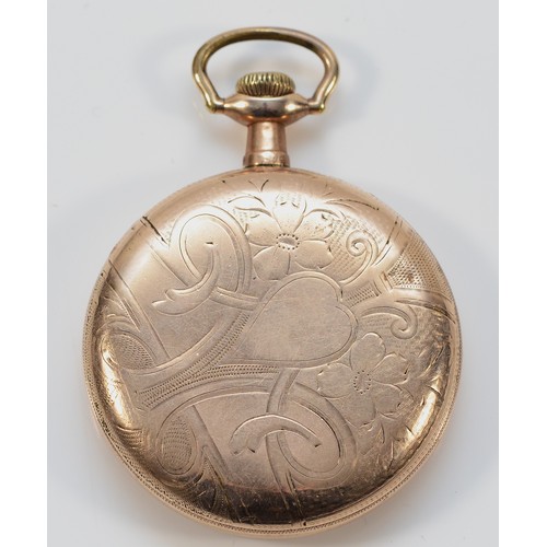 4 - Elgin, a gold plated keyless wind open face pocket watch, heart engraved screw back, 49mm.
Working w... 