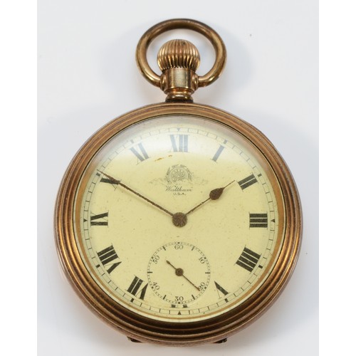 5 - Waltham, a gold plated keyless wind open face pocket watch, Tempus 7 jewel movement, 49mm.
Working w... 