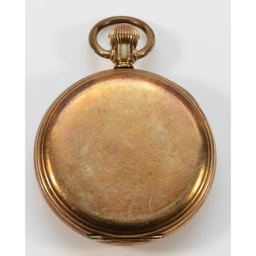 5 - Waltham, a gold plated keyless wind open face pocket watch, Tempus 7 jewel movement, 49mm.
Working w... 