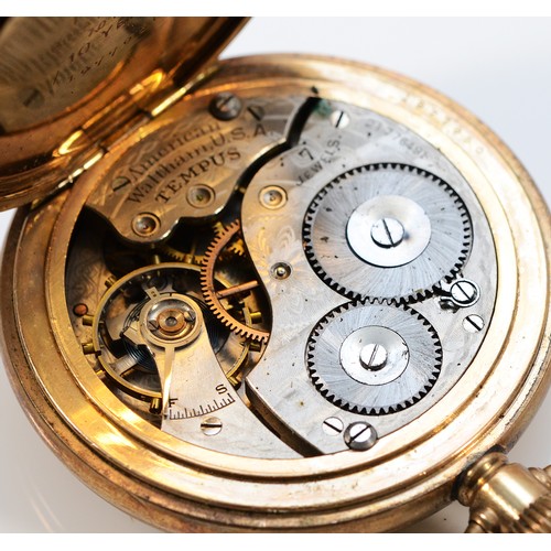 5 - Waltham, a gold plated keyless wind open face pocket watch, Tempus 7 jewel movement, 49mm.
Working w... 