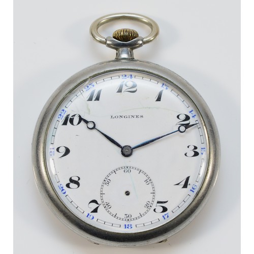 6 - Longines, a nickel cased keyless wind open face pocket watch, 47mm.
Working when catalogued, cracked... 