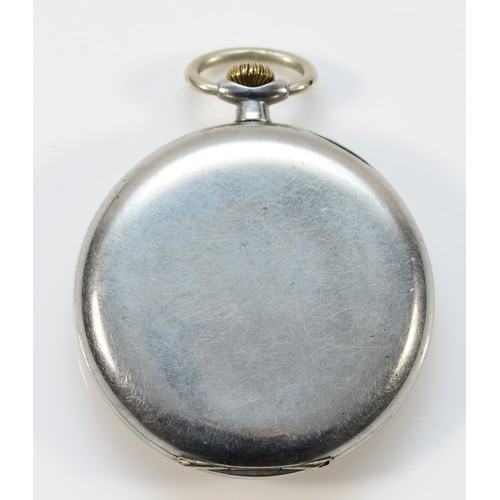 6 - Longines, a nickel cased keyless wind open face pocket watch, 47mm.
Working when catalogued, cracked... 