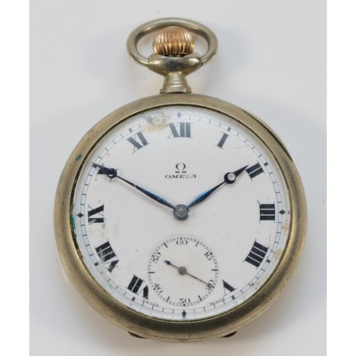 7 - Omega, a nickel cased keyless wind open face pocket watch, 49mm.
Working when catalogued, damage to ... 