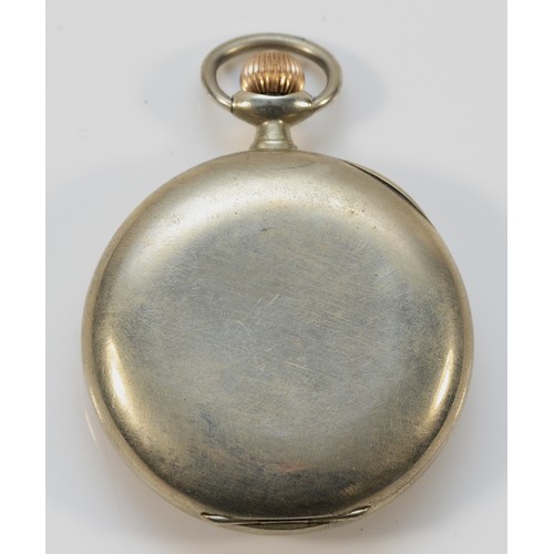 7 - Omega, a nickel cased keyless wind open face pocket watch, 49mm.
Working when catalogued, damage to ... 