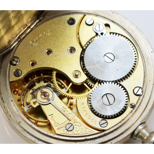 7 - Omega, a nickel cased keyless wind open face pocket watch, 49mm.
Working when catalogued, damage to ... 