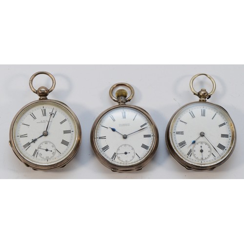 13 - Three silver open face pocket watches, two working when catalogued (3)