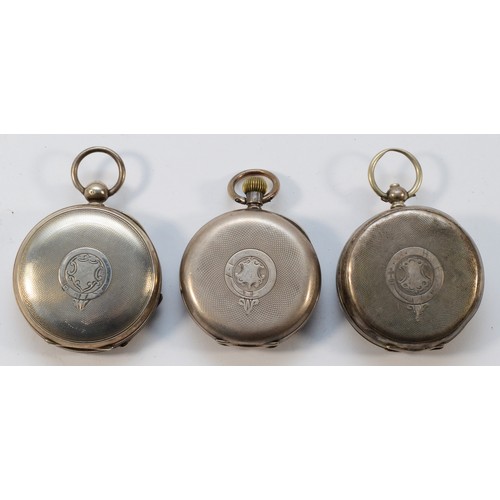 13 - Three silver open face pocket watches, two working when catalogued (3)