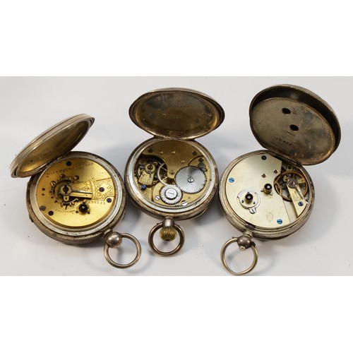 13 - Three silver open face pocket watches, two working when catalogued (3)