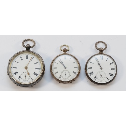 15 - Three silver open face pocket watches, one working when catalogued (3)