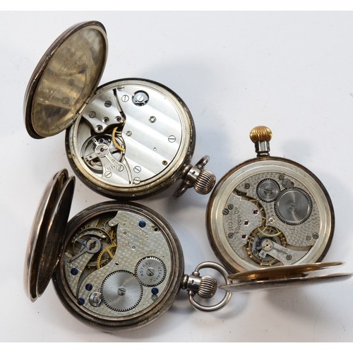 18 - Three silver open face pocket watches, none working when catalogued (3)