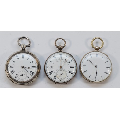 19 - Three silver open face pocket watches, one working when catalogued (3)