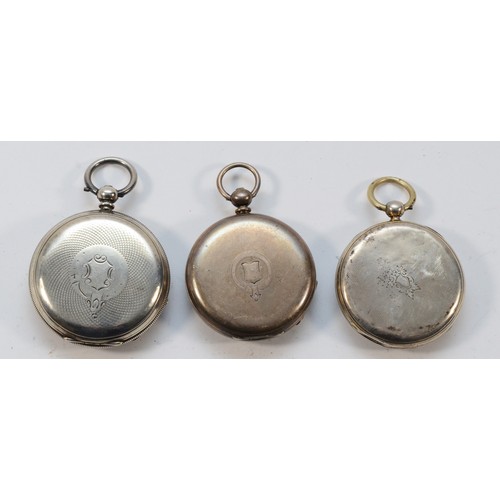 19 - Three silver open face pocket watches, one working when catalogued (3)