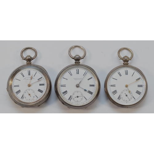 22 - Three silver open face pocket watches, none working when catalogued (3)