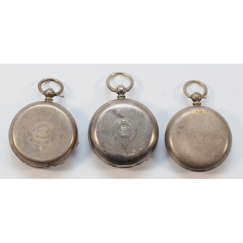 22 - Three silver open face pocket watches, none working when catalogued (3)