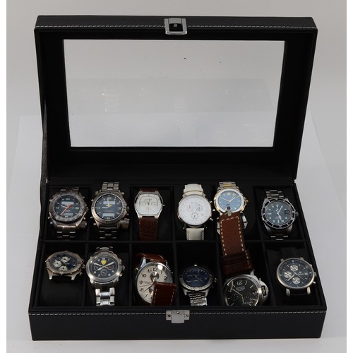 33 - A collection of ten fashion wristwatches, together with a watch box