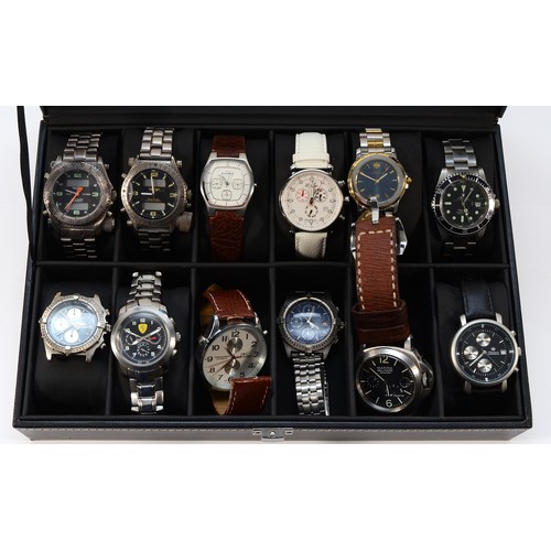 33 - A collection of ten fashion wristwatches, together with a watch box