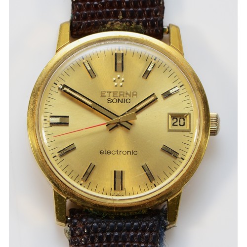 45 - Eterna Sonic, a gilt metal electronic date gentleman's wristwatch, 39mm, original box.
Working when ... 