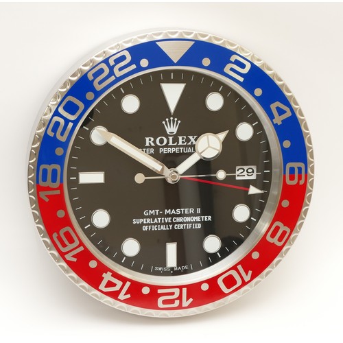 48 - A 'Rolex' style advertising metal wall clock, black dial 'Rolex Oyster Perpetual Date GMT-Master II'... 