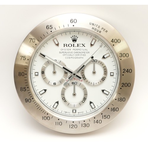 51 - A 'Rolex' style advertising metal wall clock, white dial 'Rolex Daytona Cosmograph', having quartz m... 