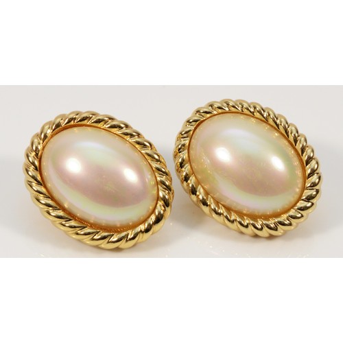 77 - Christian Dior, a pair of signed gilt metal imitation Mabe pearl clip on earrings, 30mm, 28g