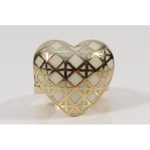 82 - Christian Dior, gilt metal and enamel heart shaped ring, M, 23mm, 13g