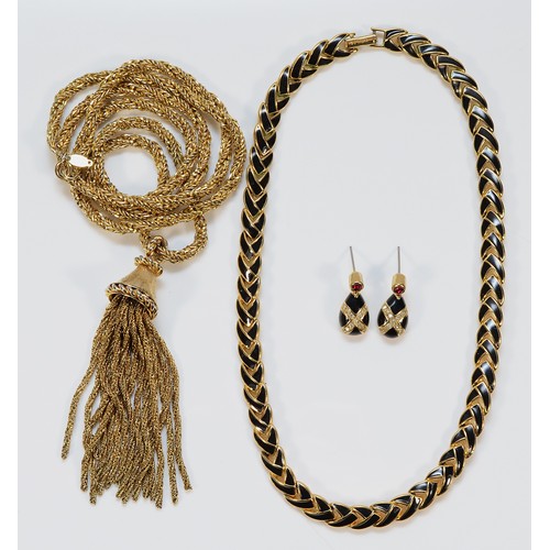 83 - Grosse, Germany, a gilt metal rope twist and tassel necklace, 74cm, a pair of Grosse gilt metal and ... 