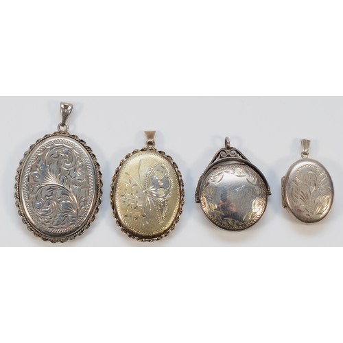 97 - Four English hallmarked silver lockets to include 1970s examples, an etched design and a swivel lock... 