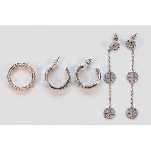 102 - Emporio Armani, two pairs of silver earrings and a silver gemset Emporio Armani ring, P, 30g