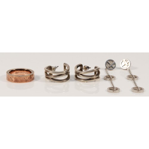 102 - Emporio Armani, two pairs of silver earrings and a silver gemset Emporio Armani ring, P, 30g