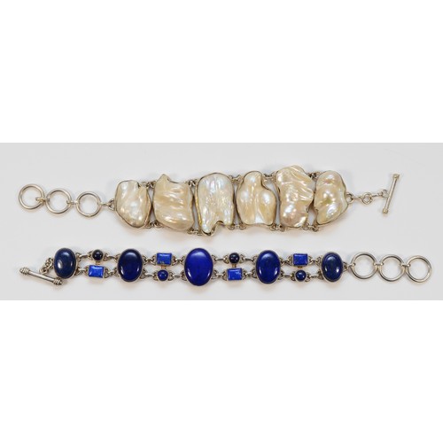 103 - A 925 silver lapis lazuli bracelet, 18.5cm, with a 925 silver and pearl bracelet, 17cm, with extende... 