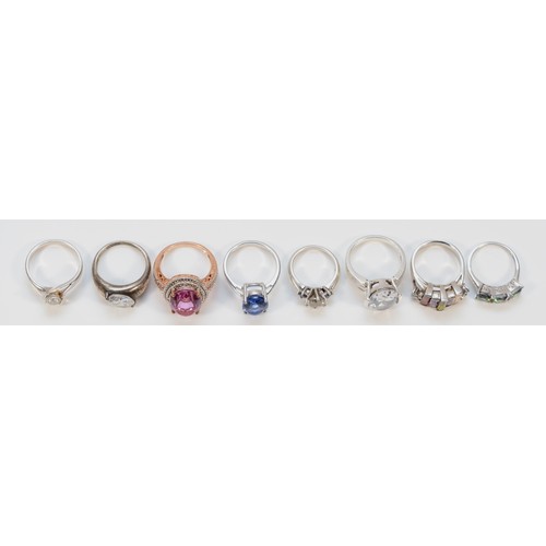 109 - Eight 925 silver and gemset rings, to include mystic topaz and iolite examples, L-T, 46g