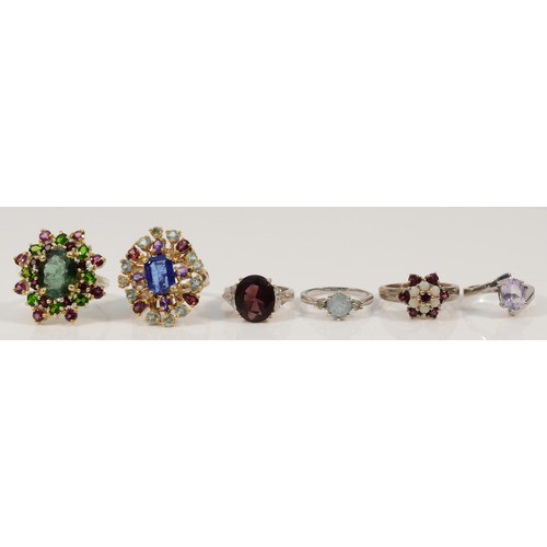 111 - Six 925 silver and gemset rings, to include opal, topaz and amethyst examples, L-R, 34g