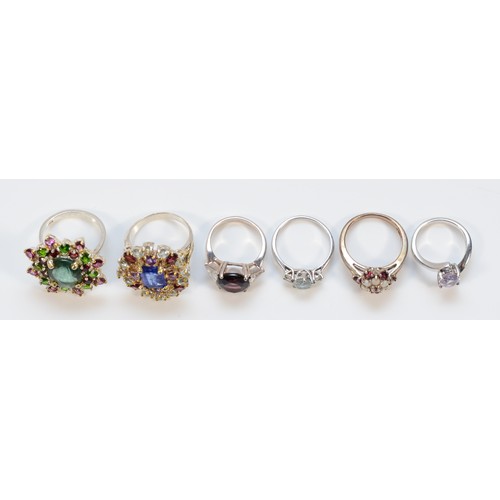 111 - Six 925 silver and gemset rings, to include opal, topaz and amethyst examples, L-R, 34g