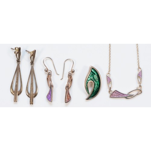 112 - Malcolm Gray, a 925 silver and lilac enamel necklace with matching hook earrings, 25mm, a 925 silver... 