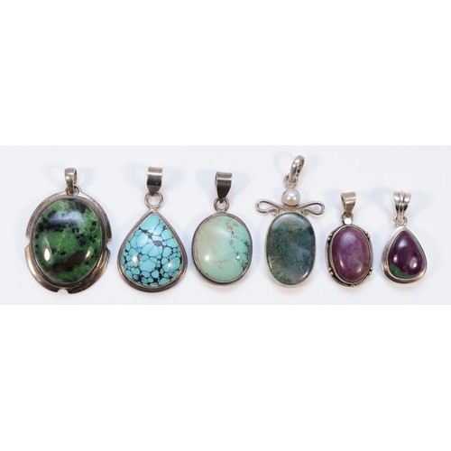 115 - Six 925 silver and gemset pendants, to include turquoise matrix and agate examples, largest 40mm, 70... 