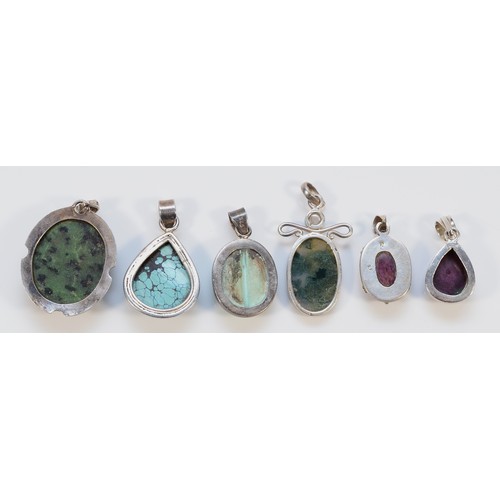 115 - Six 925 silver and gemset pendants, to include turquoise matrix and agate examples, largest 40mm, 70... 