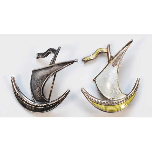 118 - Ivar T Holth, a 925 silver and enamel brooch in the form of a longboat, together with an identical v... 