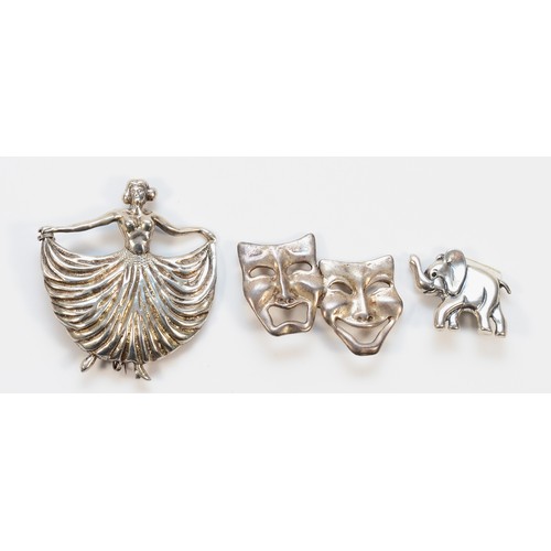 123 - A 925 silver brooch in the form of a dancer, 60mm, with two smaller 925 silver brooches of an elepha... 