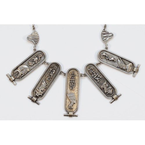 131 - An Egyptian Revival, Cairo 800 silver five panel necklace, post 1947, 50mm panels with hieroglyphics... 