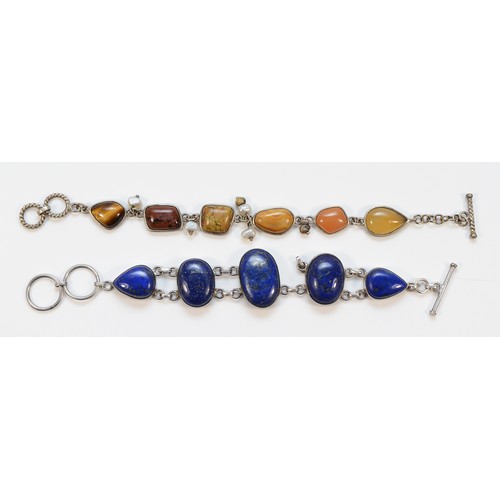 136 - A 925 silver mounted lapis lazuli bracelet, 18cm, with a 925 silver mounted jasper bracelet, 19cm, 6... 